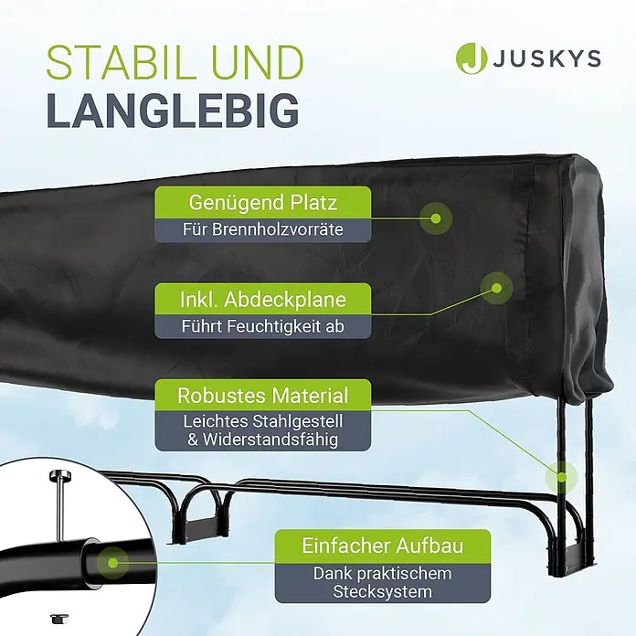 Juskys Kaminholzregal Kaminholzregal - 36 x 36 x 117 cm, Metall, Schwarz - Robustes schwarzes Stahl-Kaminholzregal mit Abdeckung zum geschützten Lagern von Brennholz.