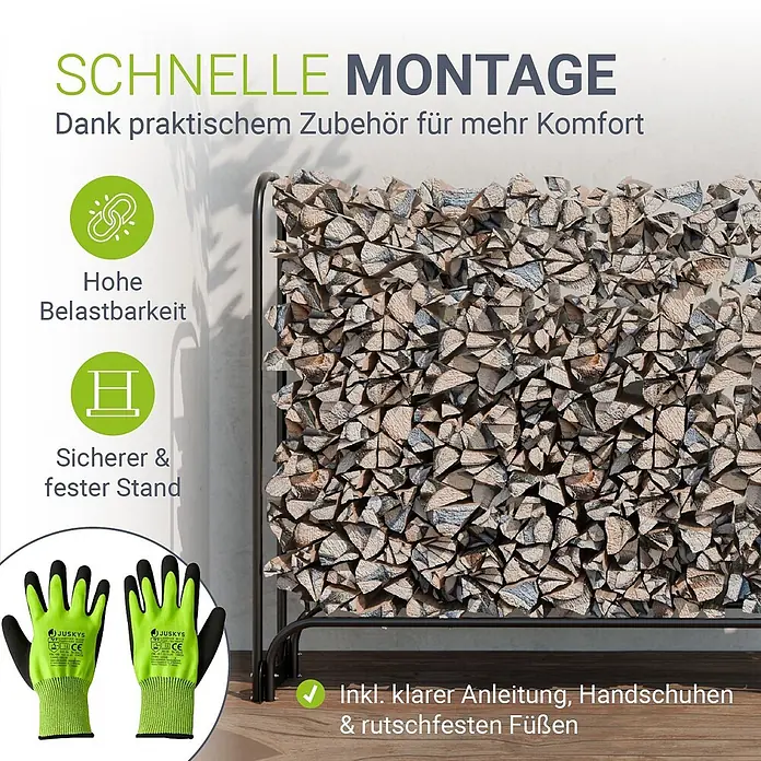 Juskys Kaminholzregal Kaminholzregal - 36 x 36 x 117 cm, Metall, Schwarz - Schwarzes Metall-Kaminholzregal gefüllt mit Holzscheiten, dazu grüne und schwarze Arbeitshandschuhe.