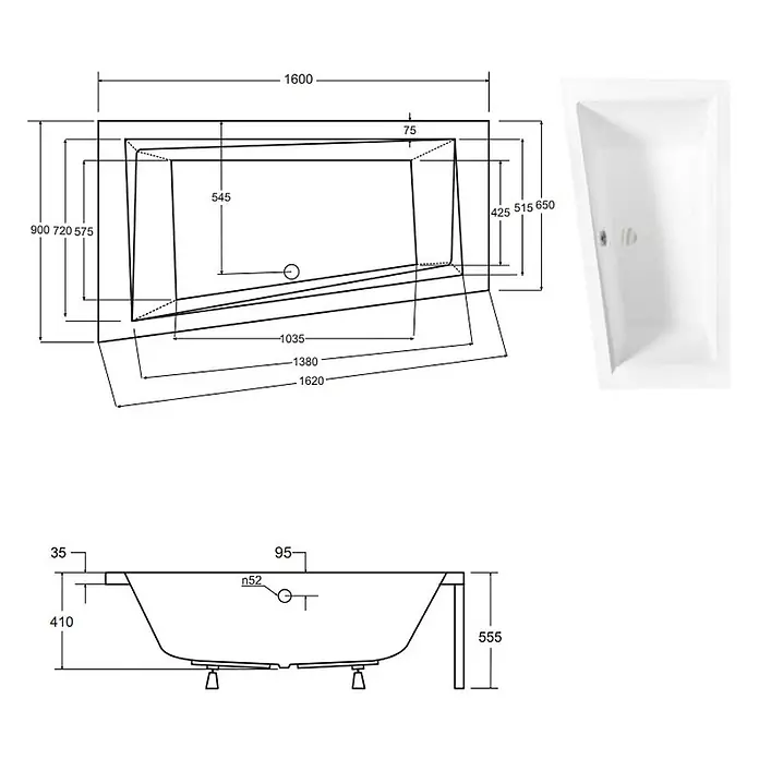 Bad Land Eckbadewanne - L x B: 160 x 90 cm, Sanitäracryl, Weiß - Technische Zeichnung einer weißen Badewanne mit Draufsicht und Seitenansicht, inklusive detaillierten Maßen.