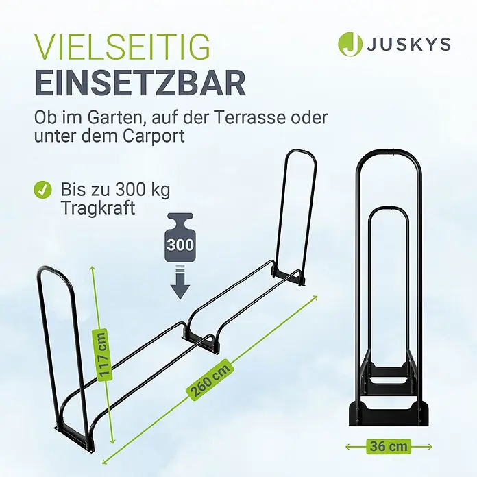 Juskys Kaminholzregal Kaminholzregal - 36 x 36 x 117 cm, Metall, Schwarz - Schwarzes Metall-Brennholzregal, 117x260x36 cm, Tragkraft bis 300 kg.