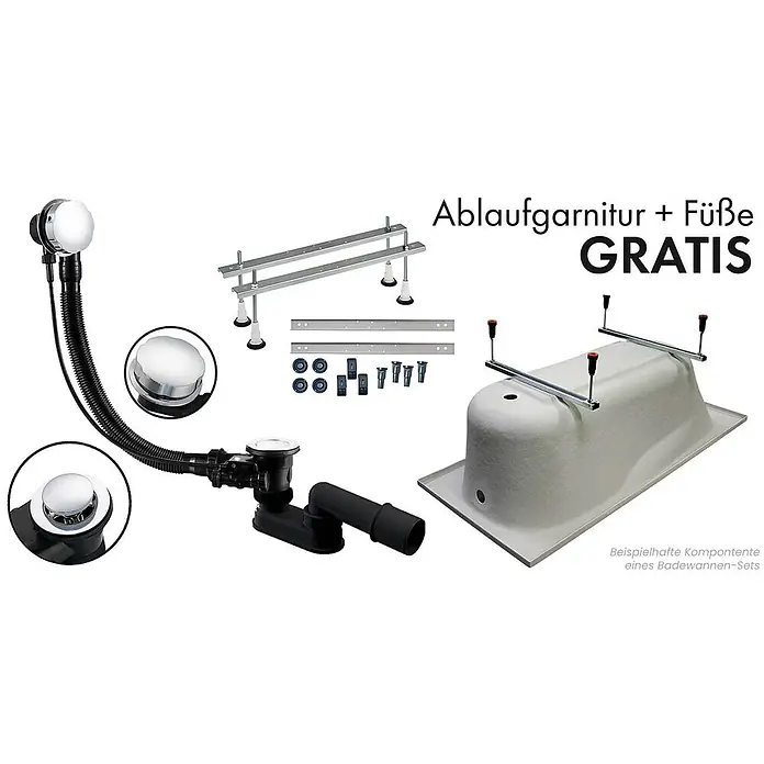 Bad Land Eckbadewanne - L x B: 150 x 85 cm, Sanitäracryl, Weiß - Badewanne mit verchromter Ablaufgarnitur, schwarzem Schlauch und silbernen Verstellfüßen.