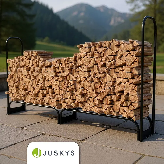Juskys Kaminholzregal Kaminholzregal - 36 x 36 x 117 cm, Metall, Schwarz - Schwarzes Metall-Brennholzregal, gefüllt mit sauber gestapelten Holzscheiten, auf einer Außenterrasse platziert.