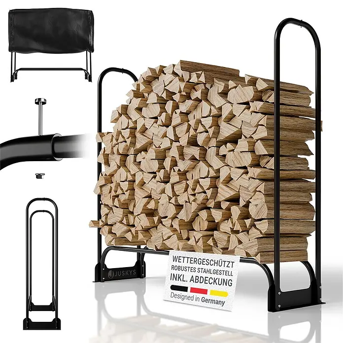 Juskys Kaminholzregal Kaminholzregal - 36 x 36 x 117 cm, Metall, Schwarz - Schwarzes Metall-Kaminholzregal mit Holz gefüllt, dazu eine Schutzhülle.