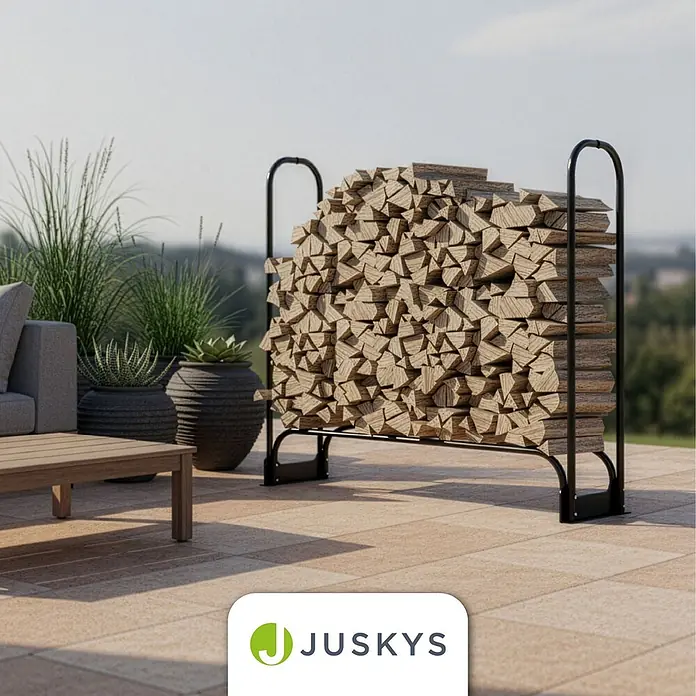 Juskys Kaminholzregal Kaminholzregal - 36 x 36 x 117 cm, Metall, Schwarz - Robustes schwarzes Metall-Kaminholzregal, gefüllt mit gestapelten Holzscheiten, ideal für den Außeneinsatz auf einer Terrasse.