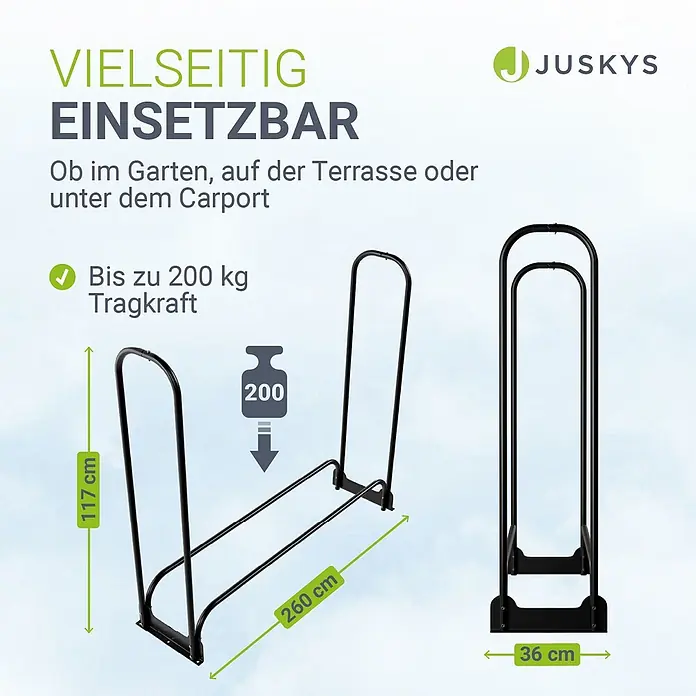 Juskys Kaminholzregal Kaminholzregal - 36 x 36 x 117 cm, Metall, Schwarz - Hohes, schwarzes Metall-Kaminholzregal, 260 cm lang, 36 cm breit, mit 200 kg Tragkraft für vielseitigen Einsatz.