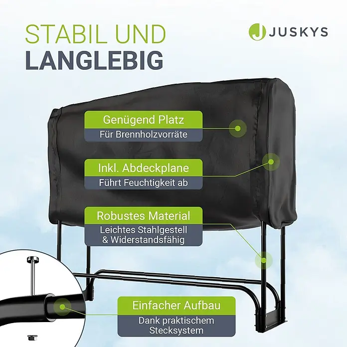 Juskys Kaminholzregal Kaminholzregal - 36 x 36 x 117 cm, Metall, Schwarz - Schwarzes Metall-Kaminholzregal mit Schutzhülle, das stabiles Design und einfache Montage durch Stecksystem hervorhebt.