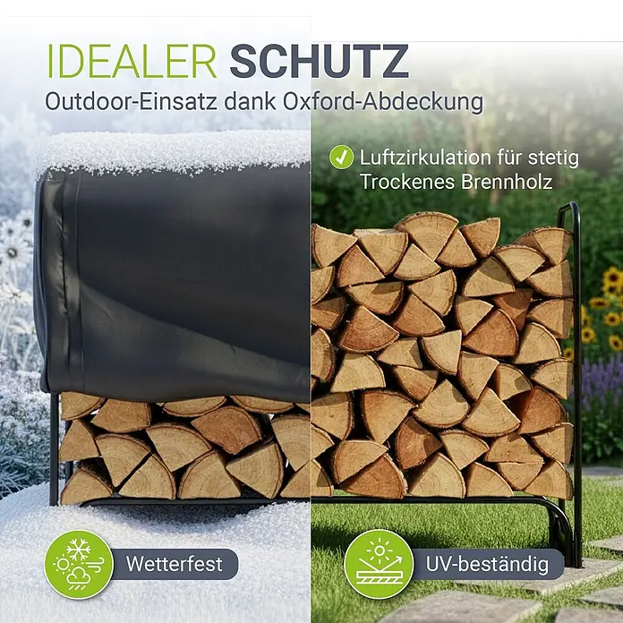 Juskys Kaminholzregal Kaminholzregal - 36 x 36 x 117 cm, Metall, Schwarz - Metallenes Brennholzregal mit schwarzer Oxford-Abdeckung, zeigt Holzschutz im Winter und Belüftung im Sommer.