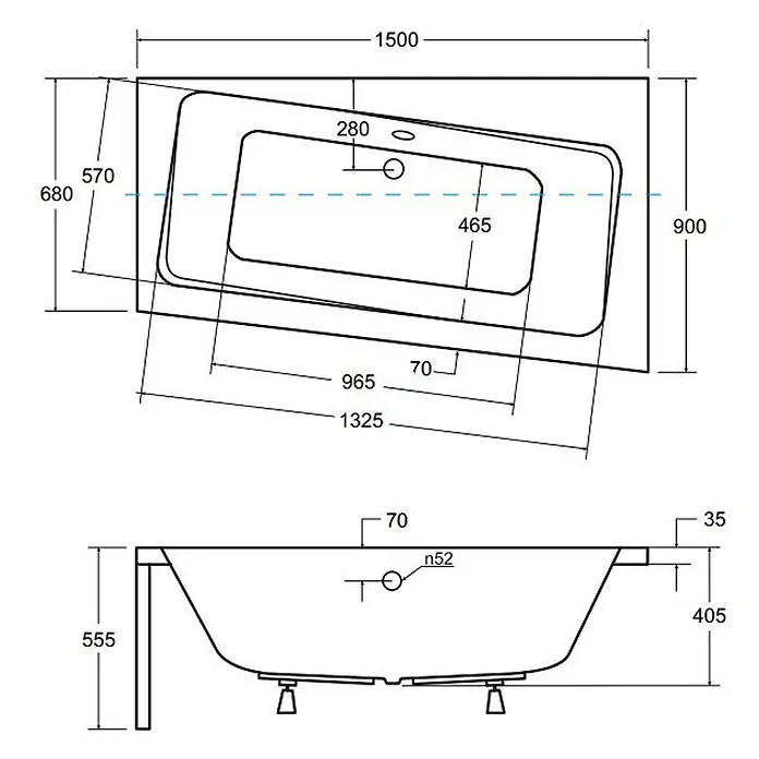Bad Land Eckbadewanne INFINITY Acryl-Eckwanne 150 x 90 cm rechts Weiß - Sanitäracryl, Weiß - Technische Zeichnung einer Badewanne mit Draufsicht und Seitenansicht, inklusive Maßen.