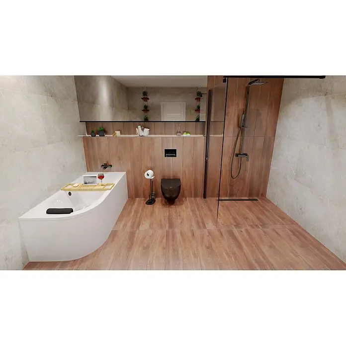 Bad Land Eckbadewanne - L x B: 150 x 75 cm, Sanitäracryl, Weiß - Modernes Badezimmer mit weißer Badewanne, schwarzem WC, Dusche, Holzoptik-Wandpaneelen und hellen Marmoroptik-Fliesen.