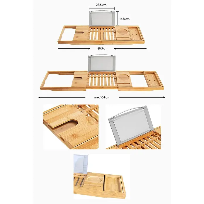 Bad Land Eckbadewanne - L x B: 150 x 75 cm, Sanitäracryl, Weiß - Verstellbares Bambus-Badewannenbrett mit Fächern und Buch-/Tablethalterung, Maße sichtbar.