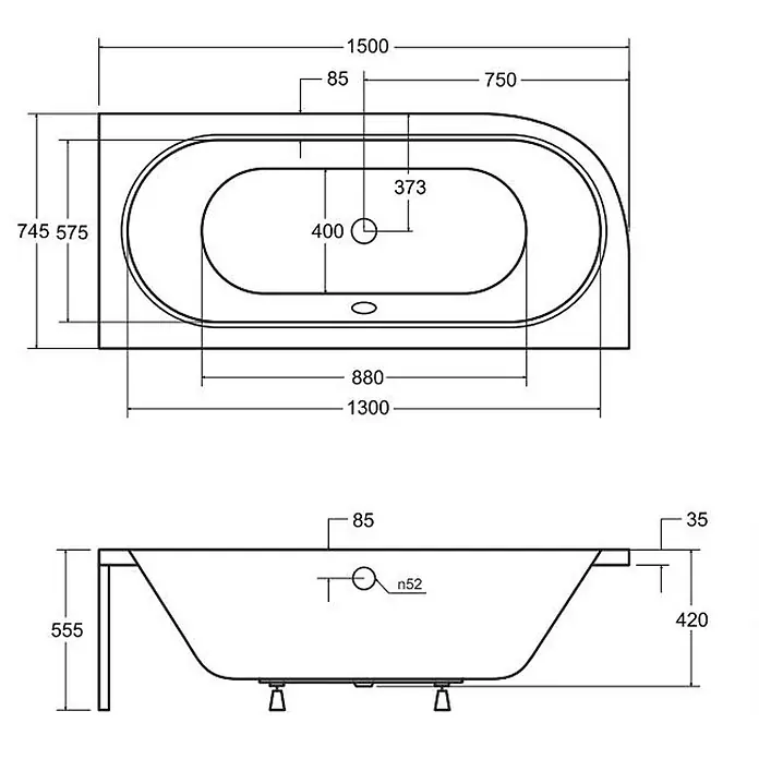 Bad Land Eckbadewanne - L x B: 150 x 75 cm, Sanitäracryl, Weiß - Technische Zeichnung einer ovalen Eckbadewanne mit Maßen in Draufsicht und Seitenansicht.