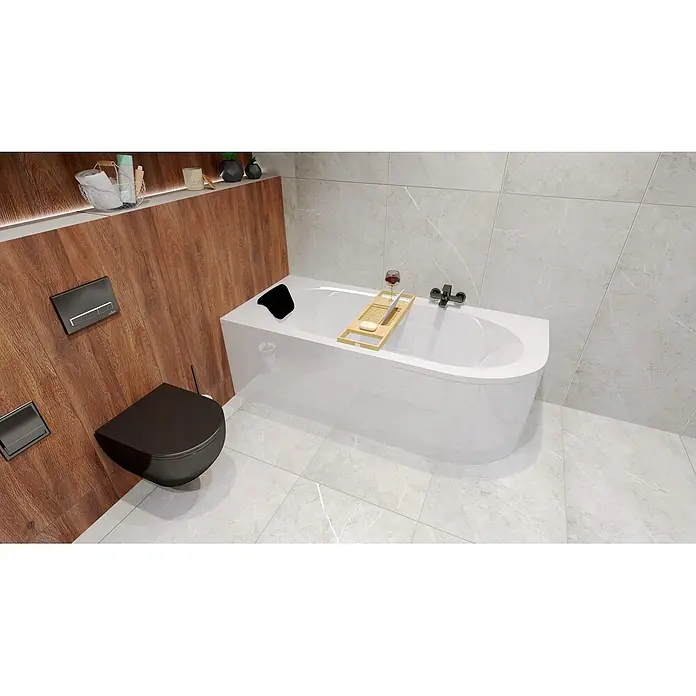 Bad Land Eckbadewanne - L x B: 170 x 75 cm, Sanitäracryl, Weiß - Modernes Badezimmer mit weißer Badewanne, schicker schwarzer Toilette und warmer Holzwandverkleidung.