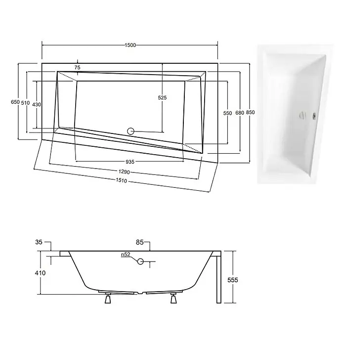 Bad Land Eckbadewanne - L x B: 150 x 85 cm, Sanitäracryl, Weiß - Technische Zeichnung und Draufsicht einer weißen, rechteckigen Badewanne mit abgeschrägter Ecke.