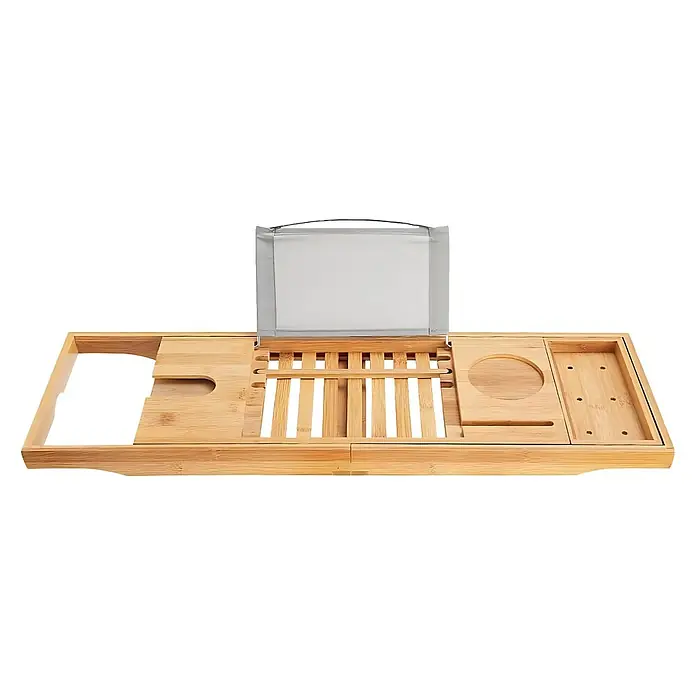 Bad Land Eckbadewanne - L x B: 150 x 85 cm, Sanitäracryl, Weiß - Bambus Badewannenablage mit Buch-/Tablet-Ständer, Becherhalter und Fächern für Badutensilien.