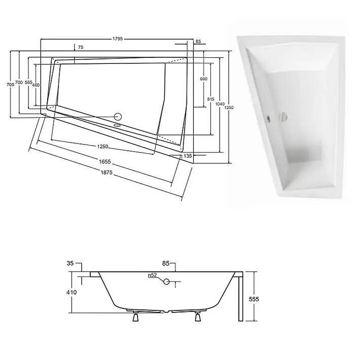 Bad Land Eckbadewanne - L x B: 180 x 125 cm, Sanitäracryl, Weiß - Asymmetrische, weiße Badewanne mit technischen Maßzeichnungen.