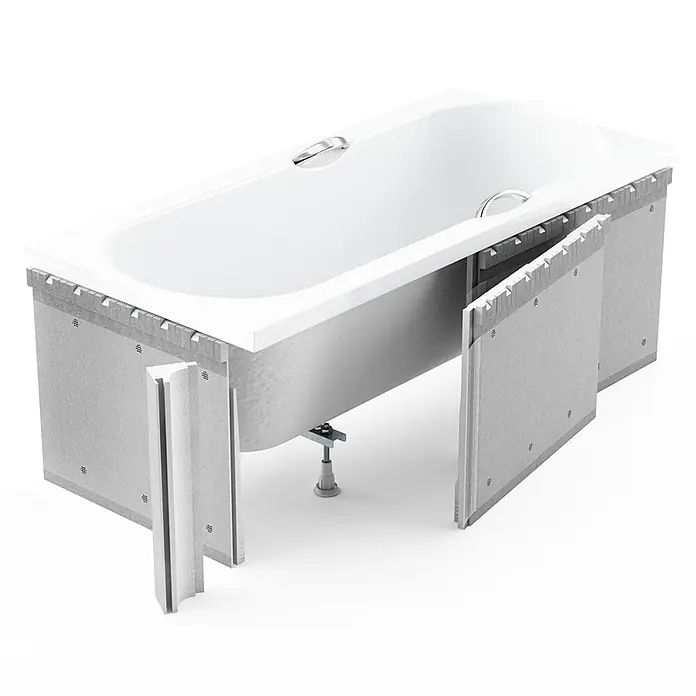 Bad Land Eckbadewanne - L x B: 150 x 85 cm, Sanitäracryl, Weiß - Badewanne mit modularer grauer Verkleidung, teilweise installiert.