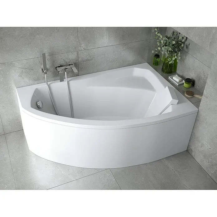 Bad Land Eckbadewanne RIMA Acryl-Eckwanne 170 x 110 cm rechts Weiß - L x B: 170 x 110 cm, Sanitäracryl, Weiß - Weiße Eckbadewanne mit integriertem Sitz, verchromten Armaturen und Duschkopf in einem modernen Fliesenbad.