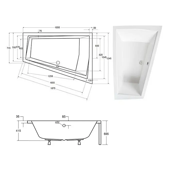 Bad Land Eckbadewanne INTIMA Acrylwanne 180 x 125 cm rechts Weiß m. Acrylschürze - Sanitäracryl, Weiß - Weiß asymmetrische Badewanne mit detaillierten Maßzeichnungen und Seitenansicht.