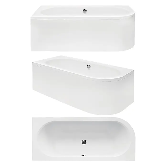 Bad Land Eckbadewanne - L x B: 150 x 75 cm, Sanitäracryl, Weiß - Elegante weiße Acryl-Badewanne mit geschwungener Frontverkleidung und Chromablauf/Überlauf.