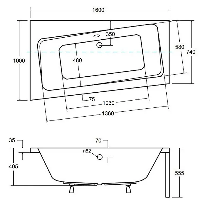 Bad Land Eckbadewanne INFINITY Acryl-Eckwanne 160 x 100 cm links Weiß - L x B: 160 x 100 cm, Sanitäracryl, Weiß - Technische Zeichnung einer asymmetrischen Badewanne mit Draufsicht und Seitenansicht, Maße und Ablaufdetails.