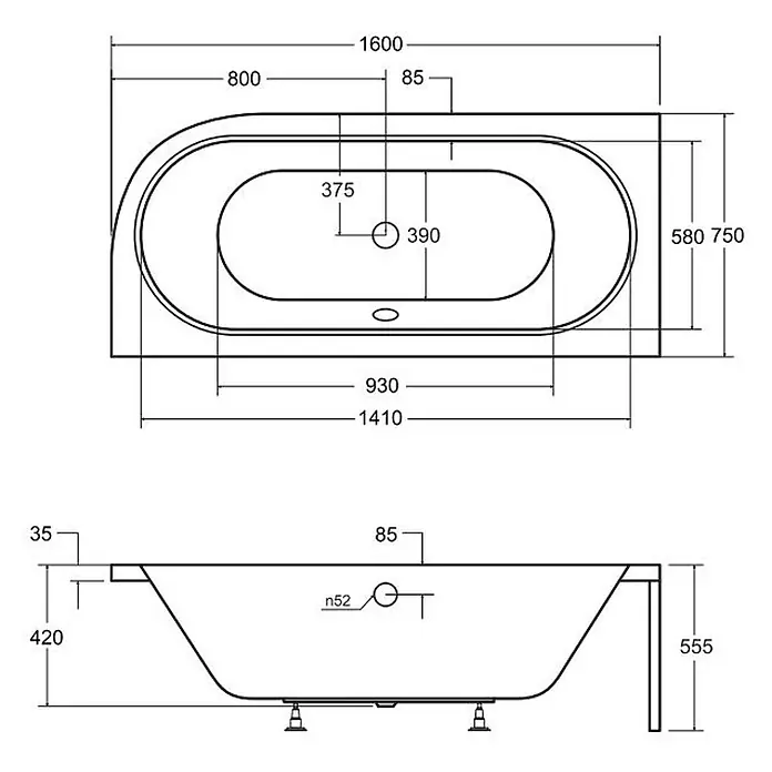Bad Land Eckbadewanne - L x B: 160 x 75 cm, Sanitäracryl, Weiß - Technische Zeichnung einer weißen Badewanne mit Maßen in Draufsicht und Seitenansicht.
