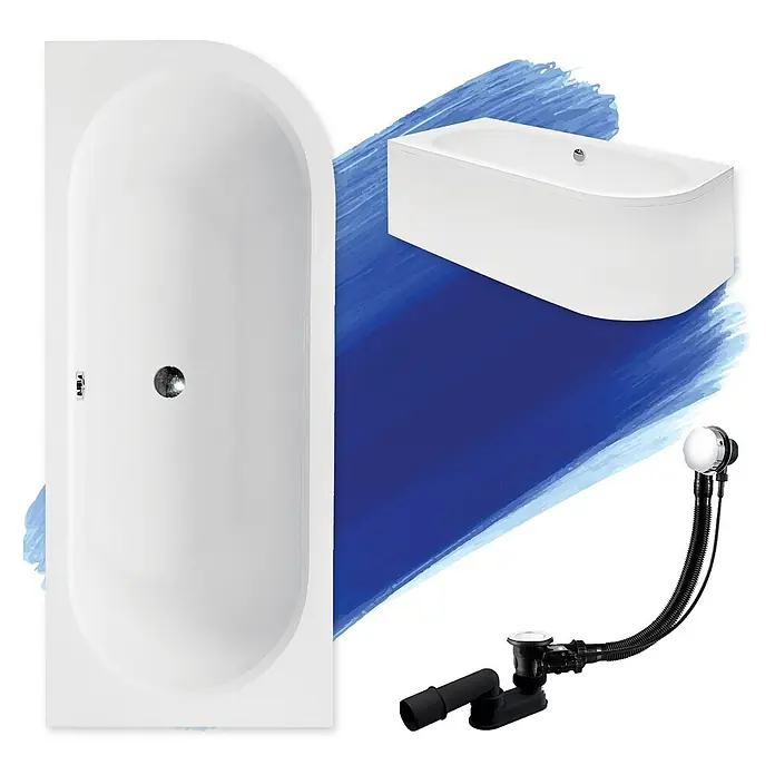 Bad Land Eckbadewanne - L x B: 180 x 80 cm, Sanitäracryl, Weiß - Zwei weiße Badewannen (Draufsicht und Seitenansicht) und ein schwarzes Badewannen-Ab- und Überlaufset.