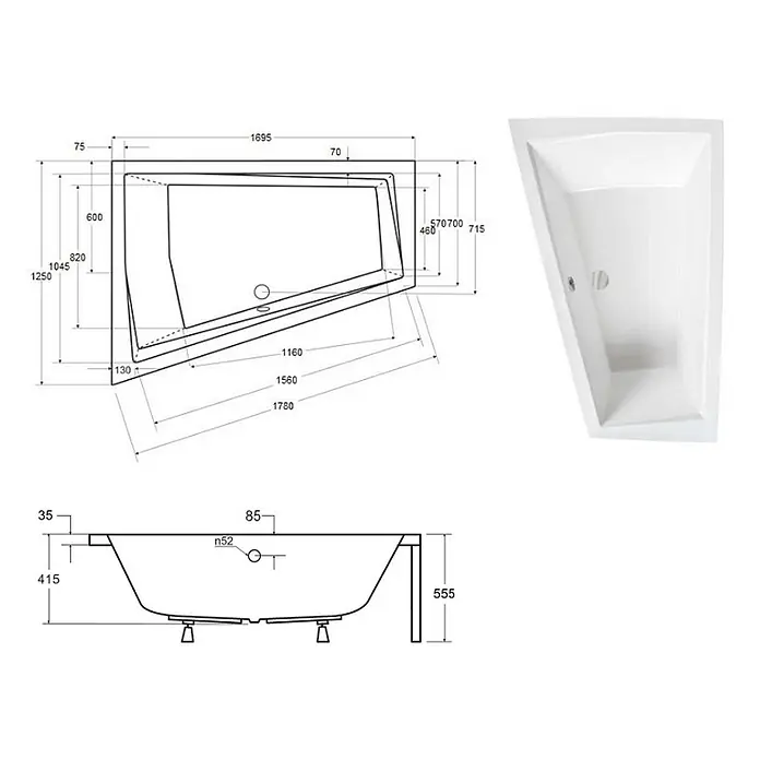 Bad Land Eckbadewanne INTIMA Acrylwanne 170 x 125 cm links Weiß m. Acrylschürze - Sanitäracryl, Weiß - Weiße asymmetrische Eckbadewanne mit technischen Zeichnungen.