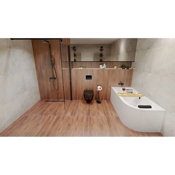 Bad Land Eckbadewanne - L x B: 170 x 75 cm, Sanitäracryl, Weiß - Modernes Bad mit dunklen Holzoptikfliesen an Wänden/Boden, schwarzer Dusche/WC und eleganter weißer Badewanne.