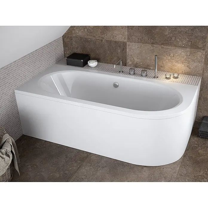 Bad Land Eckbadewanne - L x B: 150 x 75 cm, Sanitäracryl, Weiß - Weiße Einbau-Badewanne im modernen Design, installiert in einem gefliesten Badezimmer.
