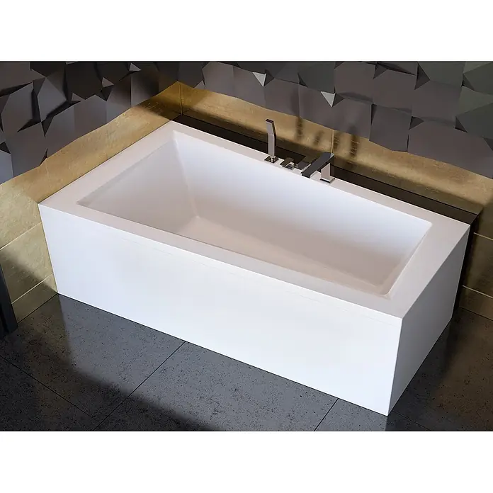 Bad Land Eckbadewanne INTIMA Acrylwanne 150 x 85 cm links Weiß m. Acrylschürze - L x B: 150 x 85 cm, Sanitäracryl, Weiß - Weiß rechteckige Badewanne mit integrierter Chromarmatur und Handbrause in modernem Bad.