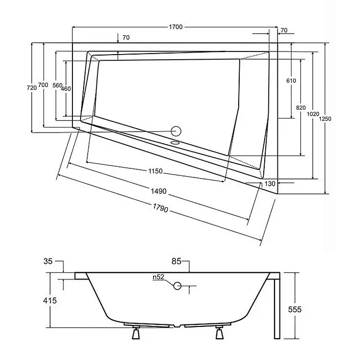 Bad Land Eckbadewanne - L x B: 170 x 125 cm, Sanitäracryl, Weiß - Technische Zeichnung einer rechteckigen Badewanne, mit Ober- und Seitenansichten und detaillierten Maßen für die Installation.