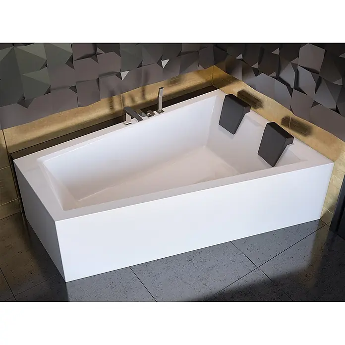 Bad Land Eckbadewanne INTIMA Acrylwanne 180 x 125 cm rechts Weiß m. Acrylschürze - Sanitäracryl, Weiß - Weiße rechteckige Badewanne mit integrierter Chromarmatur und zwei schwarzen Kopfstützen, in einem modernen Badezimmer.