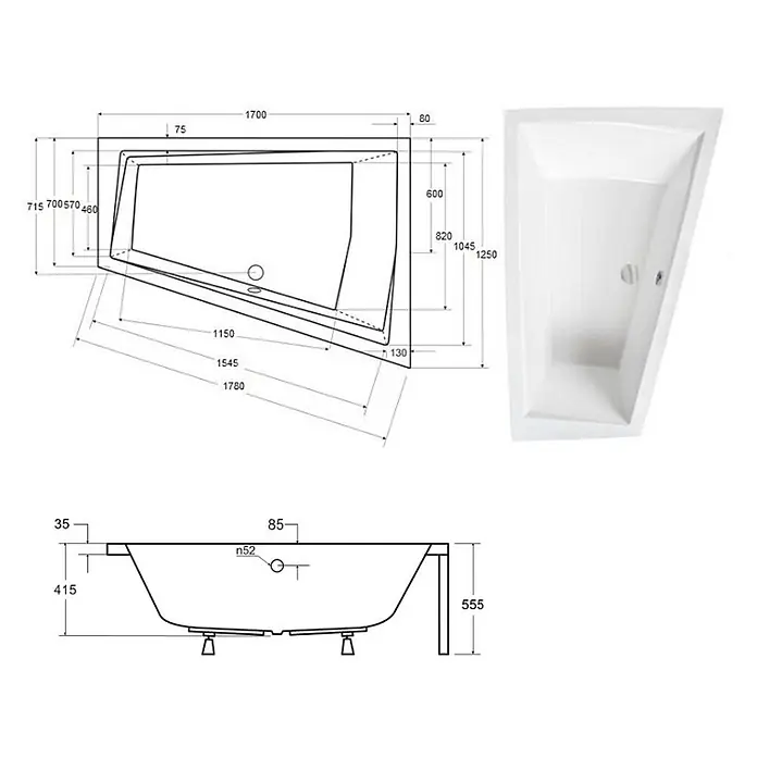 Bad Land Eckbadewanne INTIMA Acrylwanne 170 x 125 cm rechts Weiß m. Acrylschürze - Sanitäracryl, Weiß - Weiß asymmetrische Badewanne mit detaillierten technischen Zeichnungen und Abmessungen.