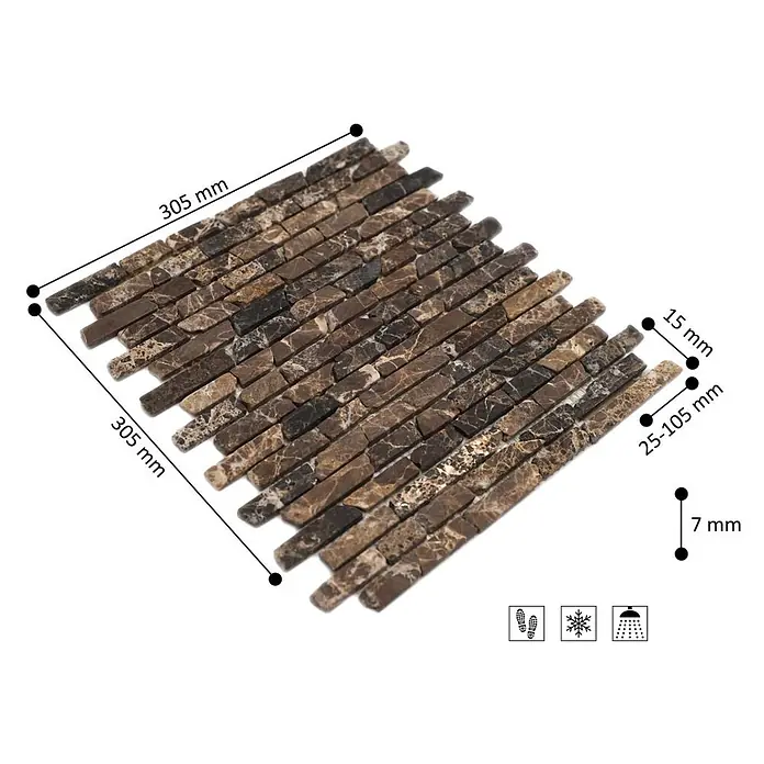 Mosaikfliese MOS BRICK 185KB - 30,5 x 30,5 cm, Braun, Matt - Braune Naturstein-Mosaikfliesen in Streifen, 305x305mm. Geeignet für Boden, Frost und Dusche.