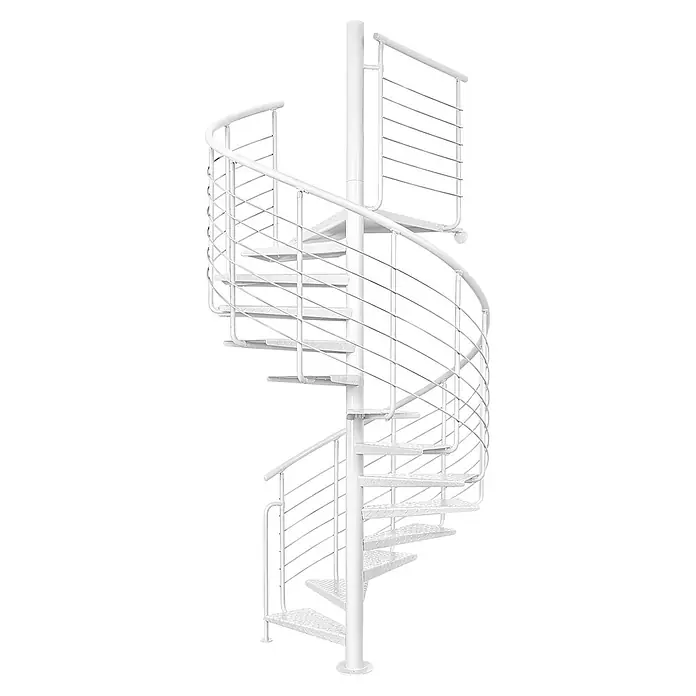 Atrium Spindeltreppe Heavy Metal - Farbton Metall: RAL 9003, Durchmesser: 169 cm, Riffelblech, Geschosshöhe: 280 cm - 300 cm - Weiße Wendeltreppe aus Metall mit Geländer.
