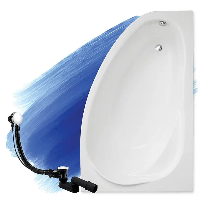 Bad Land Eckbadewanne MAREA Acryl-Eckwanne 150 x 100 cm rechts Weiß - Sanitäracryl, Weiß - Weiße Eckbadewanne mit Chromablauf und Überlauf, dazu ein schwarzes flexibles Abflusssystem.