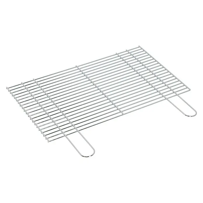 Kingstone Grillrost - L x B: 67 x 40 cm - Abbildung eines silberfarbenen Grillrosts mit Griffen auf schwarzem Hintergrund, ideal für BBQ-Enthusiasten.