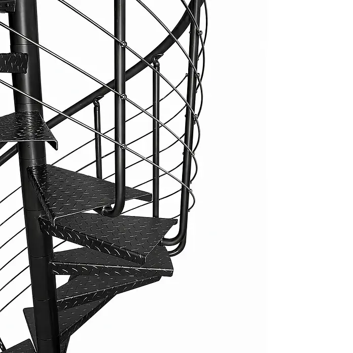 Atrium Spindeltreppe Heavy Metal - Farbton Metall: RAL 9005, Durchmesser: 119 cm, Riffelblech, Geschosshöhe: 280 cm - 300 cm - Schwarze Wendeltreppe aus Metall mit Riffelblechstufen und Seilgeländer.