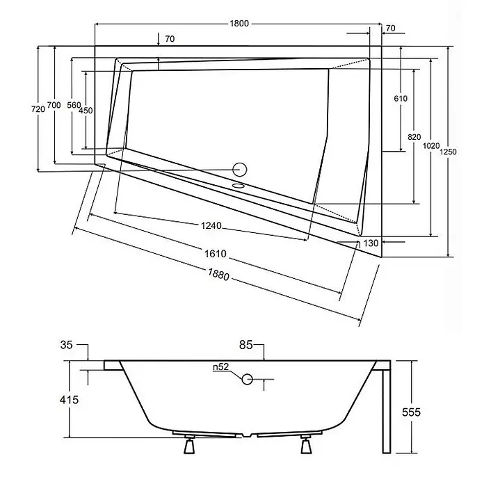 Bad Land Eckbadewanne - L x B: 180 x 125 cm, Sanitäracryl, Weiß - Technische Zeichnung einer Badewanne mit umfassenden Maßen in Draufsicht und Seitenansicht.