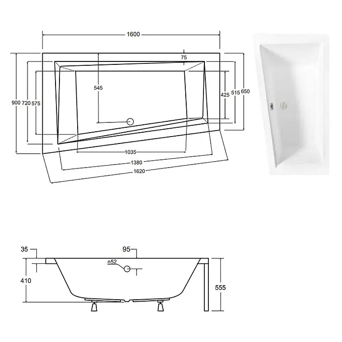 Bad Land Eckbadewanne INTIMA Acrylwanne 160 x 90 cm links Weiß m. Styroporverkl. - Sanitäracryl, Weiß - Weiße asymmetrische Badewanne mit abgeschrägter Innenseite und technischen Maßzeichnungen.