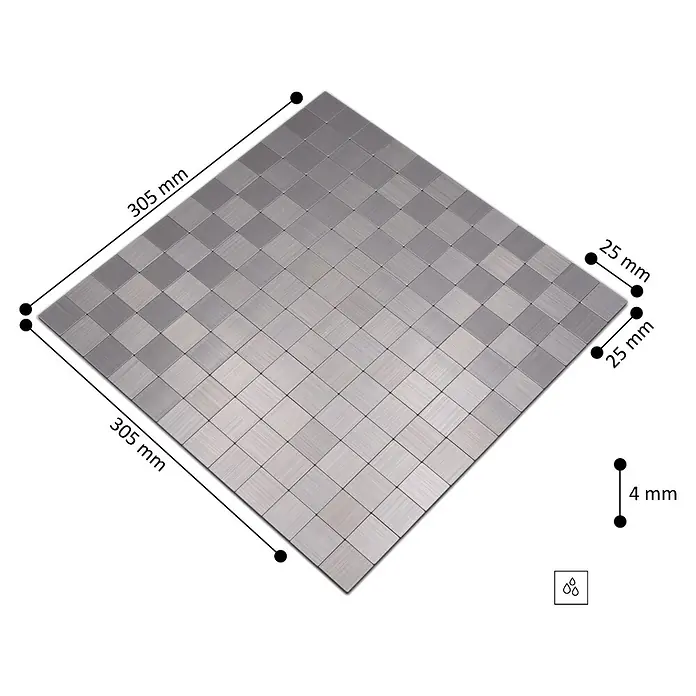 Selbstklebemosaik SAM 4MM25 - 30,5 x 30,5 cm, Silber, Glänzend - Gebürstete Metall-Mosaikfliesenmatte (305x305mm) mit verschieden grauen 25mm Fliesen, 4mm dick. Wasserfest.