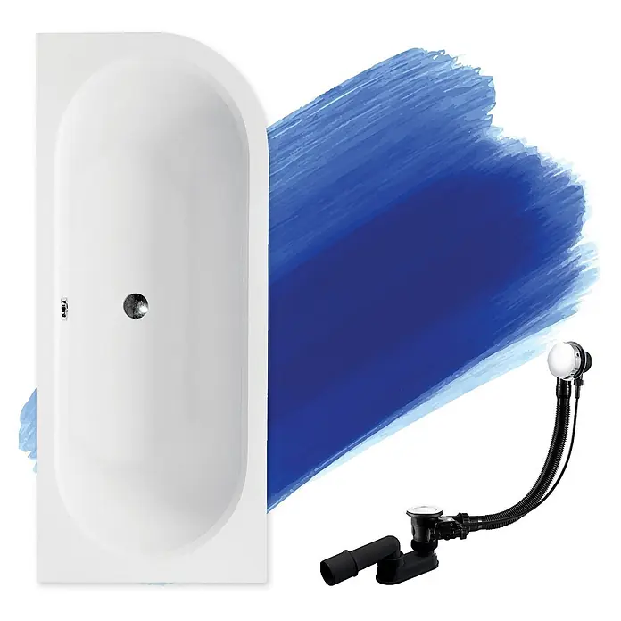 Bad Land Eckbadewanne - L x B: 150 x 75 cm, Sanitäracryl, Weiß - Weiße Badewanne mit Chromablauf und separatem schwarzen/verchromten Wannenablauf- und Überlaufset.
