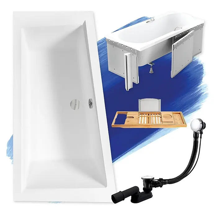 Bad Land Eckbadewanne - L x B: 150 x 85 cm, Sanitäracryl, Weiß - Weiße Badewanne, hölzerner Badewannentray und Ab-/Überlaufsystem.