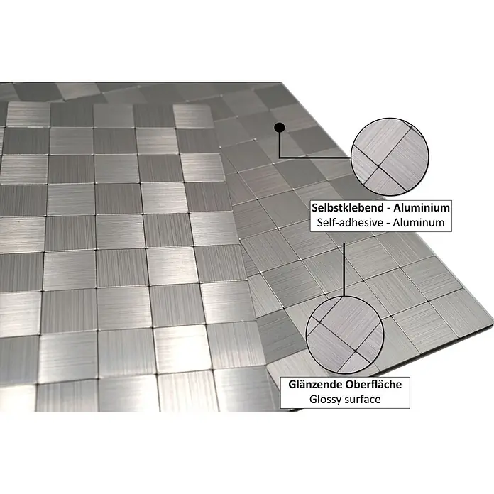 Selbstklebemosaik SAM 4MM25 - 30,5 x 30,5 cm, Silber, Glänzend - Selbstklebende Aluminiumfliesen mit gebürsteter, glänzender Oberfläche im Schachbrettmuster.