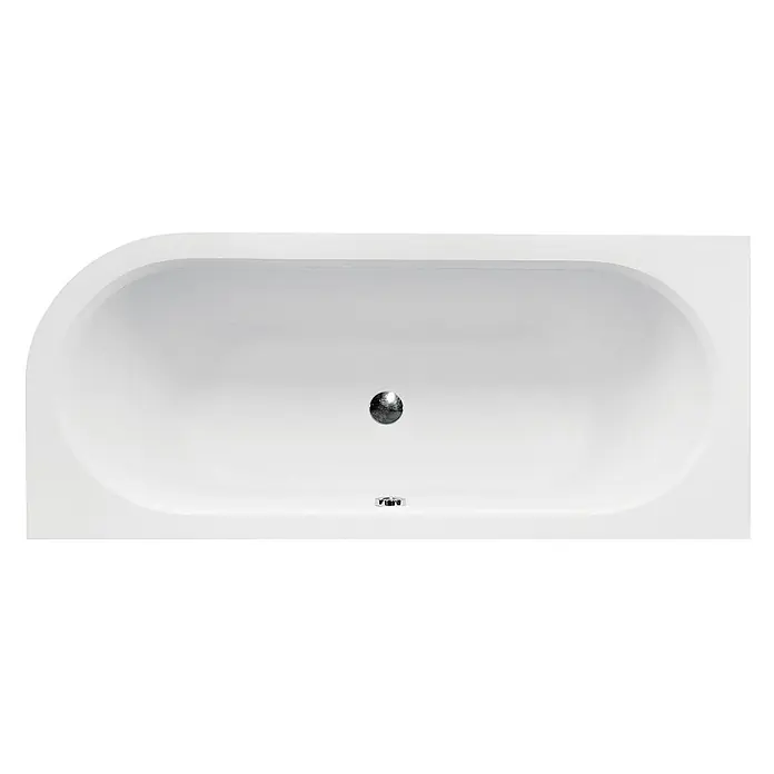 Bad Land Eckbadewanne - L x B: 150 x 75 cm, Sanitäracryl, Weiß - Draufsicht auf eine weiße Eckbadewanne mit abgerundetem Ende, Chromablauf und Überlauf.