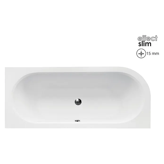 Bad Land Eckbadewanne AVITA SLIM Acrylwanne 180 x 80 cm rechts Weiß m. Styroporverkl., Ablage - L x B: 180 x 80 cm, Sanitäracryl, Weiß - Weiße Badewanne mit schlankem 15mm Rand und Chromablauf, von oben gesehen.