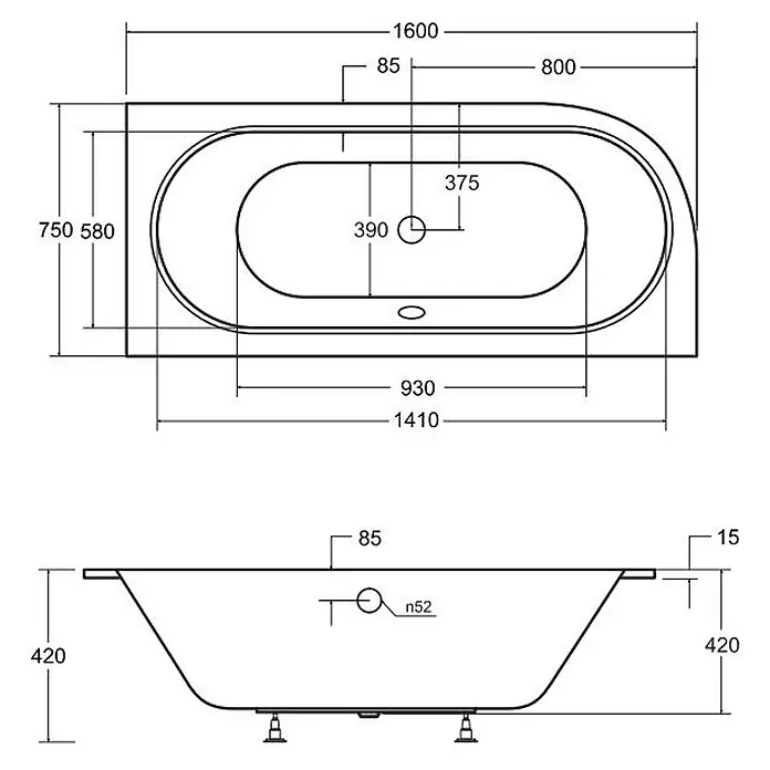 Bad Land Eckbadewanne AVITA SLIM Acryl-Eckwanne 160 x 75 cm rechts Weiß - L x B: 160 x 75 cm, Sanitäracryl, Weiß - Technische Zeichnung einer Badewanne mit Maßen: 1600x750mm außen, 1410x580mm innen, 420mm tief. Mit Überlauf und Ablauf.