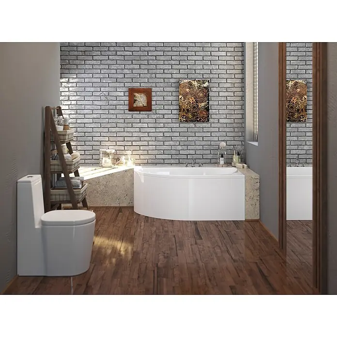Bad Land Eckbadewanne MIKI Acryl-Eckwanne 140 x 70 cm rechts Weiß, inkl. Acrylschürze - Sanitäracryl, Weiß - Moderne weiße Badewanne und Toilette in einem stilvollen Badezimmer.