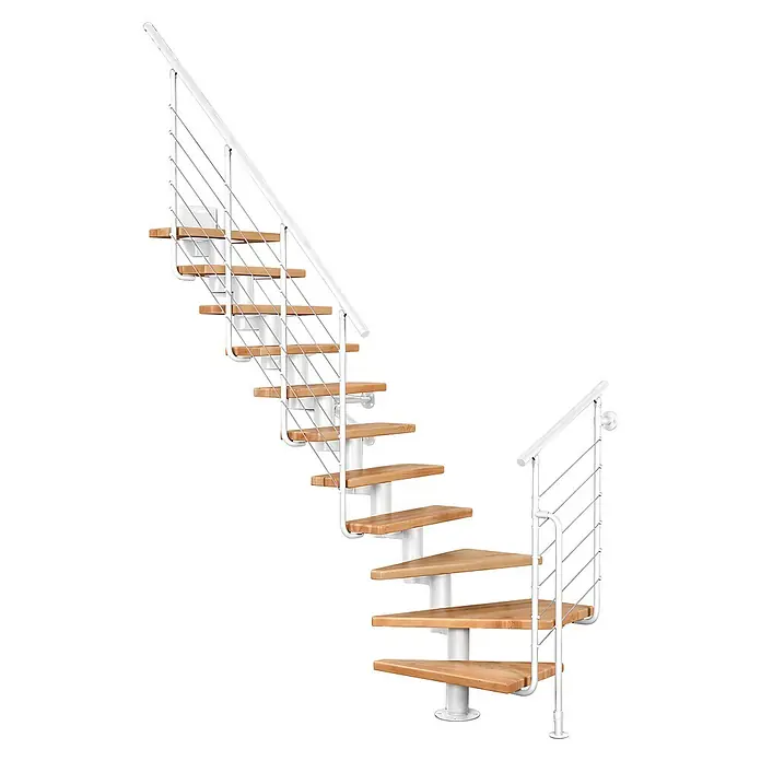 Atrium Mittelholmtreppe Dixi Plus - Farbton Metall: RAL 9003, Breite: 70 cm, Buche, 1/4-gewendelt, Geschosshöhe: 222 cm - 300 cm - Moderne Wendeltreppe mit hellen Holzstufen und weißem Metallgeländer, nach links aufsteigend.