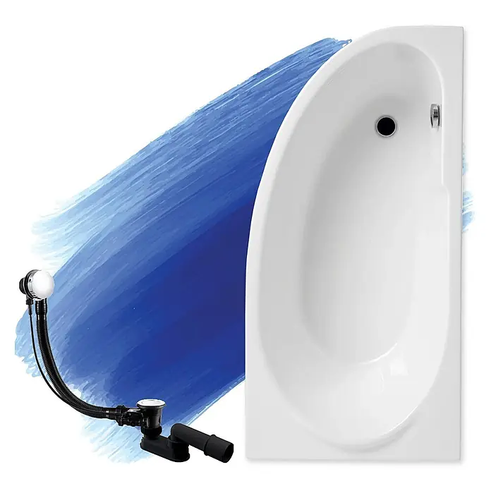 Bad Land Eckbadewanne MIKI Acryl-Eckwanne 140 x 70 cm rechts Weiß - Sanitäracryl, Weiß - Weiße Acryl-Badewanne mit schwarzem und verchromtem Wannenablauf- und Überlaufset.